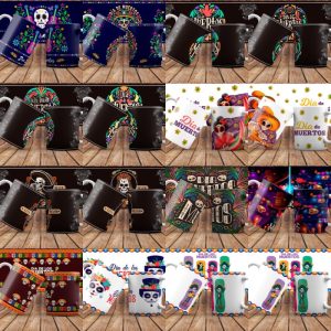 15 Plantillas Tazas Variadas Dia de Muertos